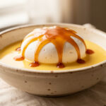 Dessert d’île flottante maison avec une meringue pochée, une crème anglaise à la vanille et un filet de caramel doré.