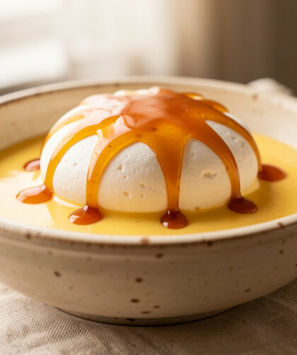 Dessert d’île flottante maison avec une meringue pochée, une crème anglaise à la vanille et un filet de caramel doré.