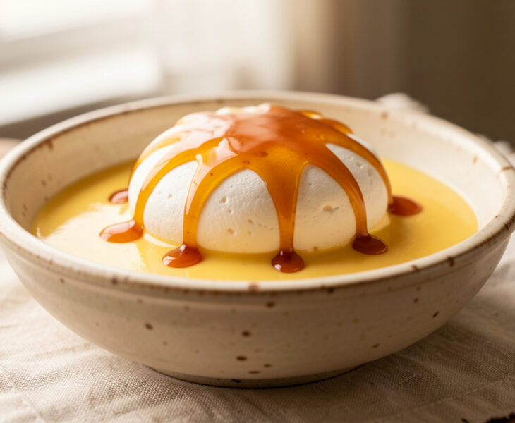 Dessert d’île flottante maison avec une meringue pochée, une crème anglaise à la vanille et un filet de caramel doré.