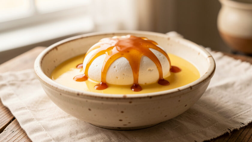 Dessert d’île flottante maison avec une meringue pochée, une crème anglaise à la vanille et un filet de caramel doré.
