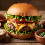 Hamburger gourmand entouré de plusieurs sauces crémeuses et parfumées assorties à ses garnitures.