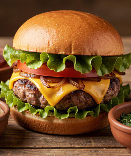 Hamburger gourmand entouré de plusieurs sauces crémeuses et parfumées assorties à ses garnitures.