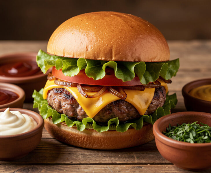 Hamburger gourmand entouré de plusieurs sauces crémeuses et parfumées assorties à ses garnitures.