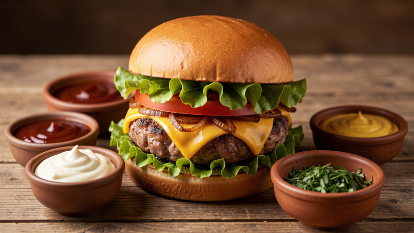 Hamburger gourmand entouré de plusieurs sauces crémeuses et parfumées assorties à ses garnitures.