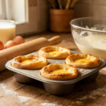 Pastéis de nata maison dorés, disposés dans un moule à muffins avec quelques ingrédients et ustensiles de cuisine sur un plan de travail rustique.