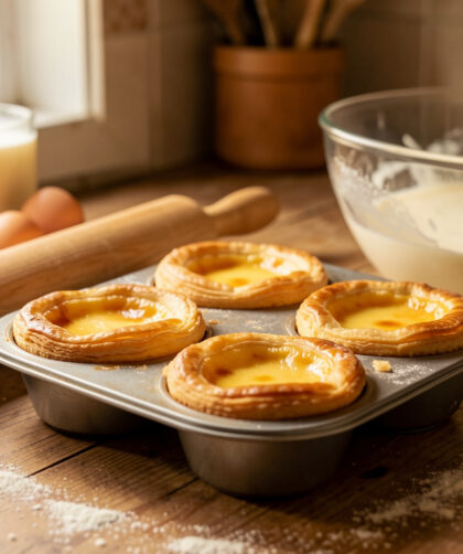 Pastéis de nata maison dorés, disposés dans un moule à muffins avec quelques ingrédients et ustensiles de cuisine sur un plan de travail rustique.