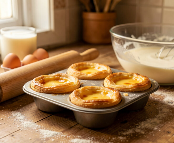 Pastéis de nata maison dorés, disposés dans un moule à muffins avec quelques ingrédients et ustensiles de cuisine sur un plan de travail rustique.
