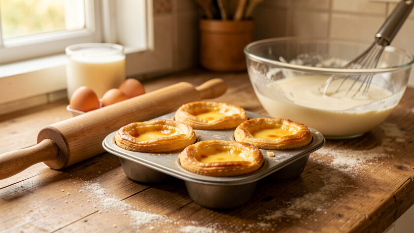 Pastéis de nata maison dorés, disposés dans un moule à muffins avec quelques ingrédients et ustensiles de cuisine sur un plan de travail rustique.