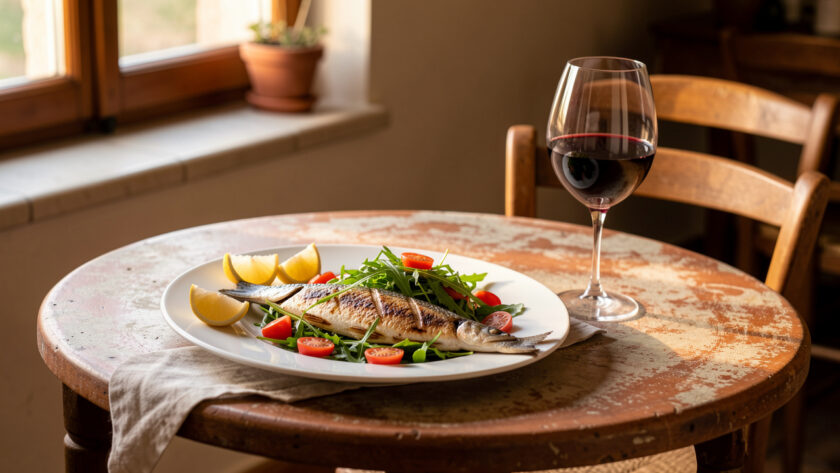 Dîner italien léger composé de bar grillé, d’une salade de roquette et tomates cerises, accompagné d’un verre de chianti.