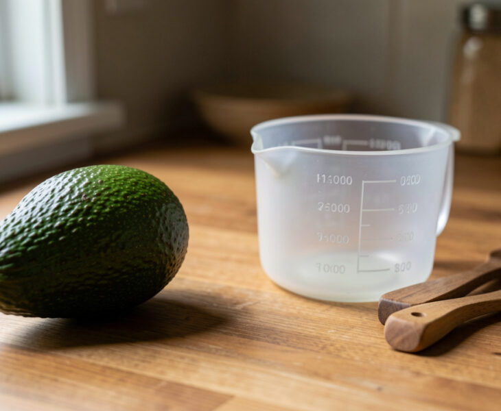 Avocat posé à côté d’objets de cuisine servant à estimer son poids sans balance.