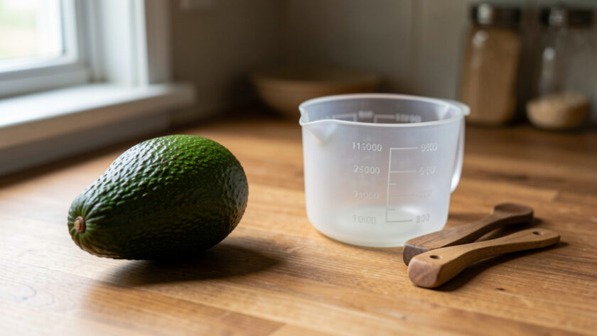 Avocat posé à côté d’objets de cuisine servant à estimer son poids sans balance.