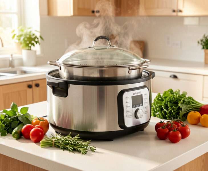 Cuiseur multifonction avec panier vapeur, légumes frais et herbes disposés sur un îlot de cuisine lumineux.