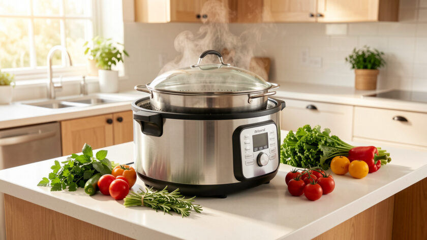 Cuiseur multifonction avec panier vapeur, légumes frais et herbes disposés sur un îlot de cuisine lumineux.