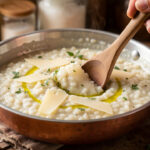 Bol de risotto crémeux à la texture brillante et onctueuse, garni d’herbes fraîches et de copeaux de parmesan.
