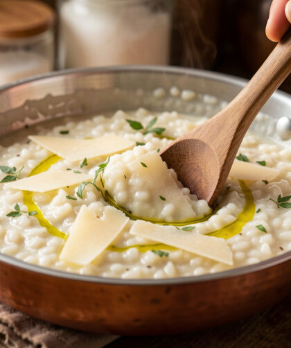 Bol de risotto crémeux à la texture brillante et onctueuse, garni d’herbes fraîches et de copeaux de parmesan.