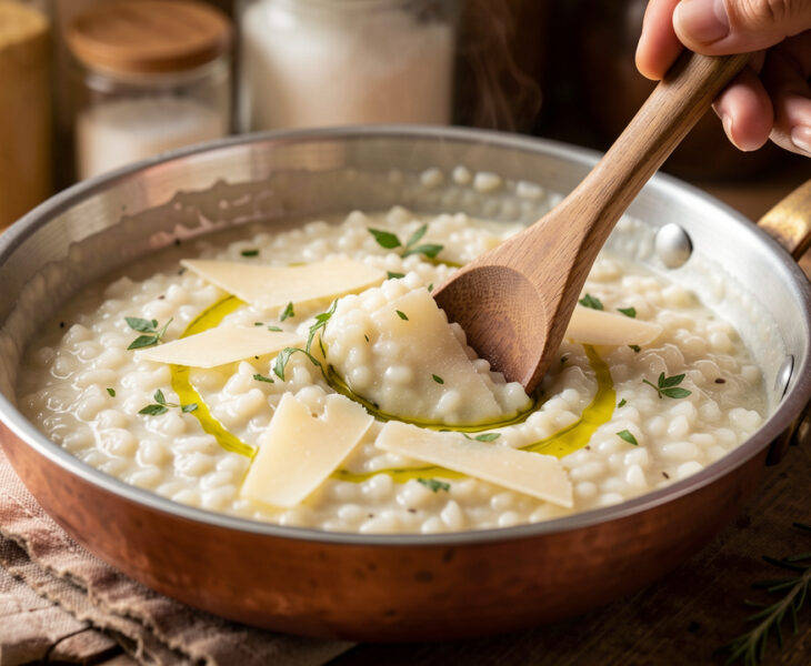 Bol de risotto crémeux à la texture brillante et onctueuse, garni d’herbes fraîches et de copeaux de parmesan.