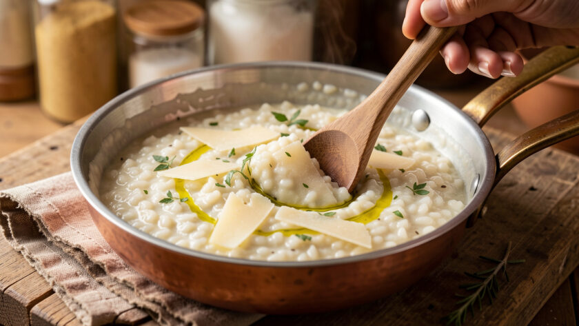 Bol de risotto crémeux à la texture brillante et onctueuse, garni d’herbes fraîches et de copeaux de parmesan.