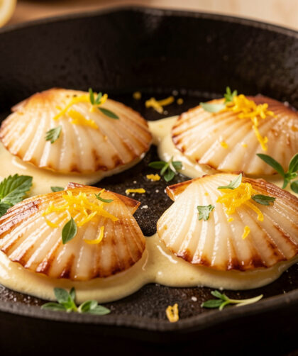 Noix de Saint-Jacques juste saisies, dorées sur les bords et tendres au centre, servies avec une sauce au beurre, du zeste de citron et des herbes fraîches.