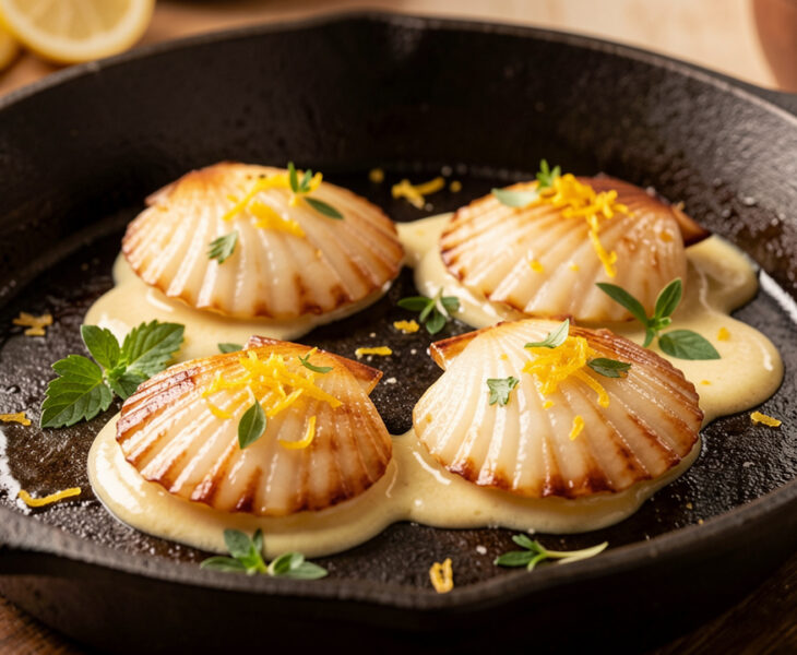 Noix de Saint-Jacques juste saisies, dorées sur les bords et tendres au centre, servies avec une sauce au beurre, du zeste de citron et des herbes fraîches.