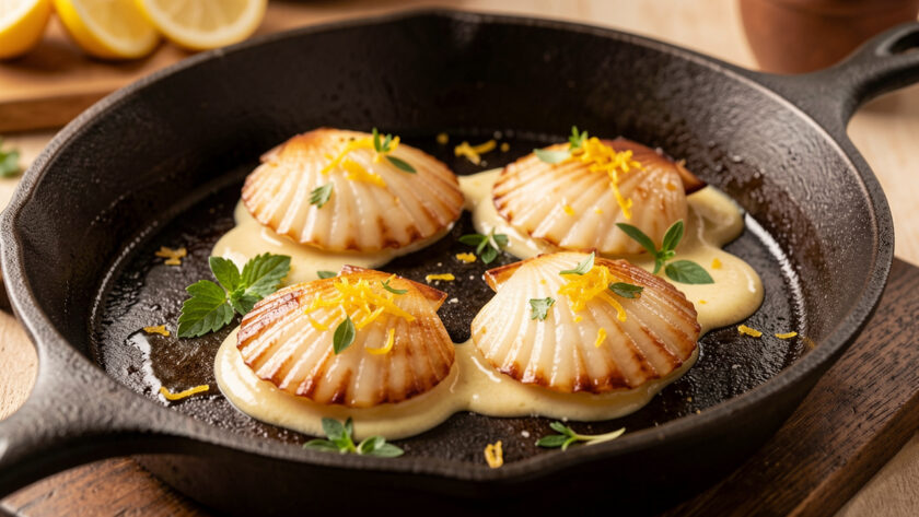 Noix de Saint-Jacques juste saisies, dorées sur les bords et tendres au centre, servies avec une sauce au beurre, du zeste de citron et des herbes fraîches.