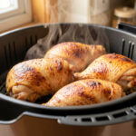 Cuisses de poulet de différentes tailles, dorées et croustillantes, disposées dans le panier ouvert d’un Air Fryer.