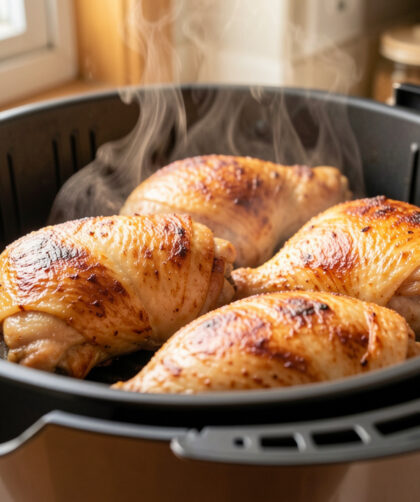 Cuisses de poulet de différentes tailles, dorées et croustillantes, disposées dans le panier ouvert d’un Air Fryer.