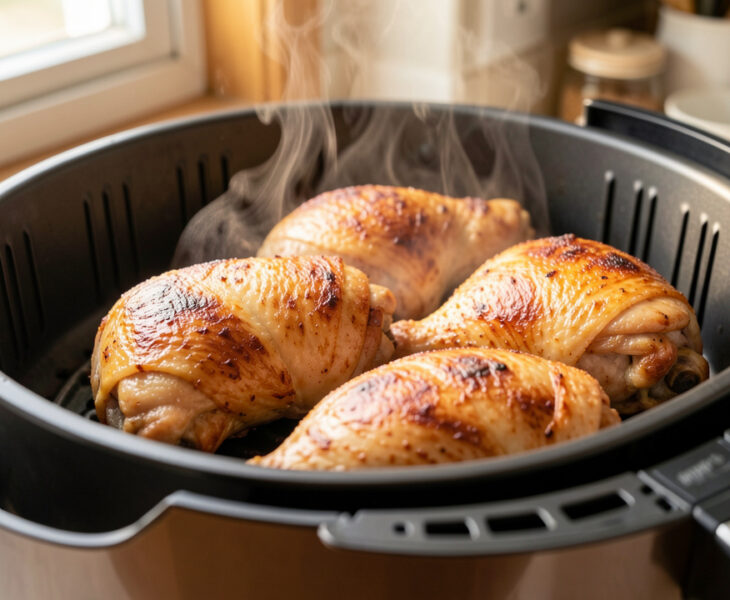 Cuisses de poulet de différentes tailles, dorées et croustillantes, disposées dans le panier ouvert d’un Air Fryer.