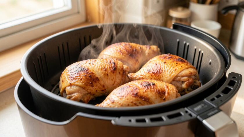 Cuisses de poulet de différentes tailles, dorées et croustillantes, disposées dans le panier ouvert d’un Air Fryer.