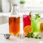 Bouteilles de sirop sans étiquette, cuillère doseuse et boissons colorées garnies d’agrumes, d’herbes fraîches et de glaçons sur un plan de travail lumineux.
