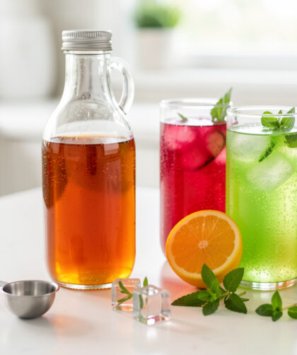 Bouteilles de sirop sans étiquette, cuillère doseuse et boissons colorées garnies d’agrumes, d’herbes fraîches et de glaçons sur un plan de travail lumineux.