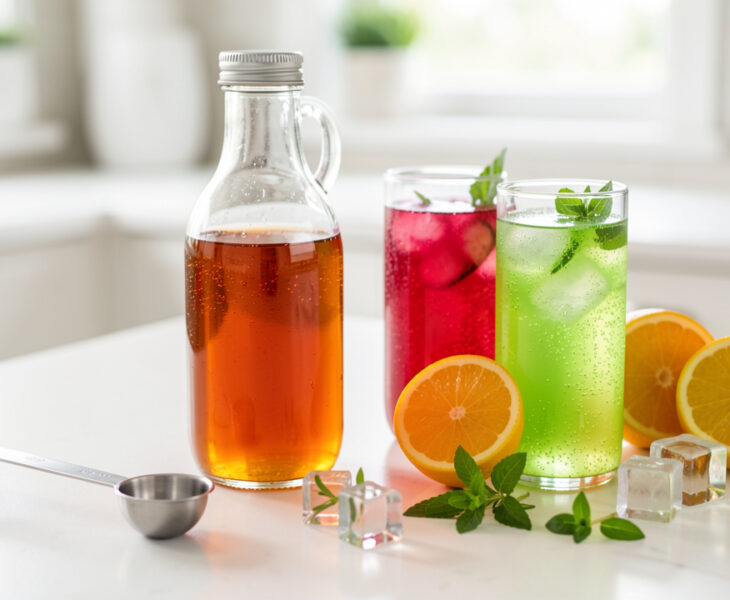 Bouteilles de sirop sans étiquette, cuillère doseuse et boissons colorées garnies d’agrumes, d’herbes fraîches et de glaçons sur un plan de travail lumineux.