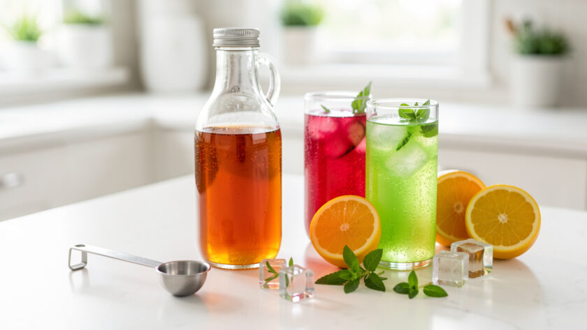 Bouteilles de sirop sans étiquette, cuillère doseuse et boissons colorées garnies d’agrumes, d’herbes fraîches et de glaçons sur un plan de travail lumineux.