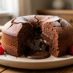 Fondant au chocolat individuel ouvert, laissant couler un cœur de chocolat chaud sur une assiette en céramique.