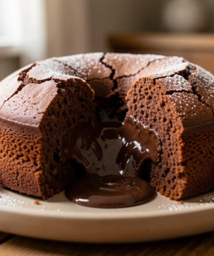 Fondant au chocolat individuel ouvert, laissant couler un cœur de chocolat chaud sur une assiette en céramique.