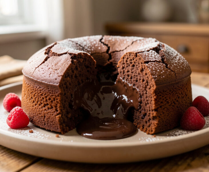 Fondant au chocolat individuel ouvert, laissant couler un cœur de chocolat chaud sur une assiette en céramique.
