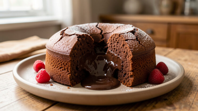 Fondant au chocolat individuel ouvert, laissant couler un cœur de chocolat chaud sur une assiette en céramique.