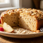 Gâteau diététique moelleux aux flocons d’avoine, servi en tranches sur une assiette avec des flocons d’avoine, des morceaux de pomme, des amandes et des fruits rouges.