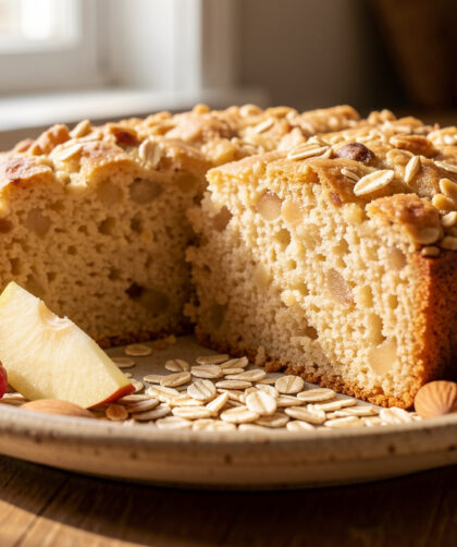 Gâteau diététique moelleux aux flocons d’avoine, servi en tranches sur une assiette avec des flocons d’avoine, des morceaux de pomme, des amandes et des fruits rouges.