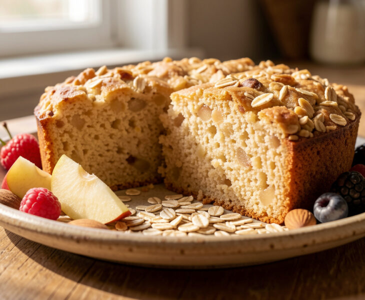 Gâteau diététique moelleux aux flocons d’avoine, servi en tranches sur une assiette avec des flocons d’avoine, des morceaux de pomme, des amandes et des fruits rouges.