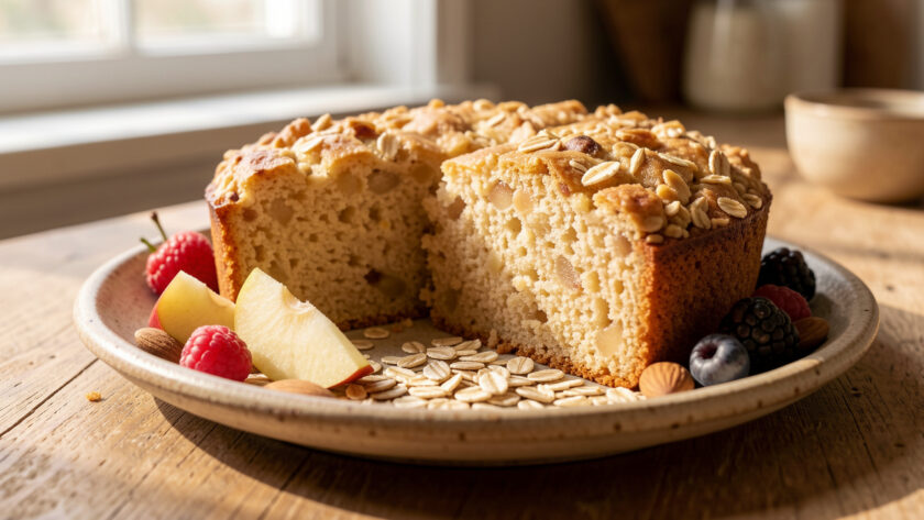 Gâteau diététique moelleux aux flocons d’avoine, servi en tranches sur une assiette avec des flocons d’avoine, des morceaux de pomme, des amandes et des fruits rouges.