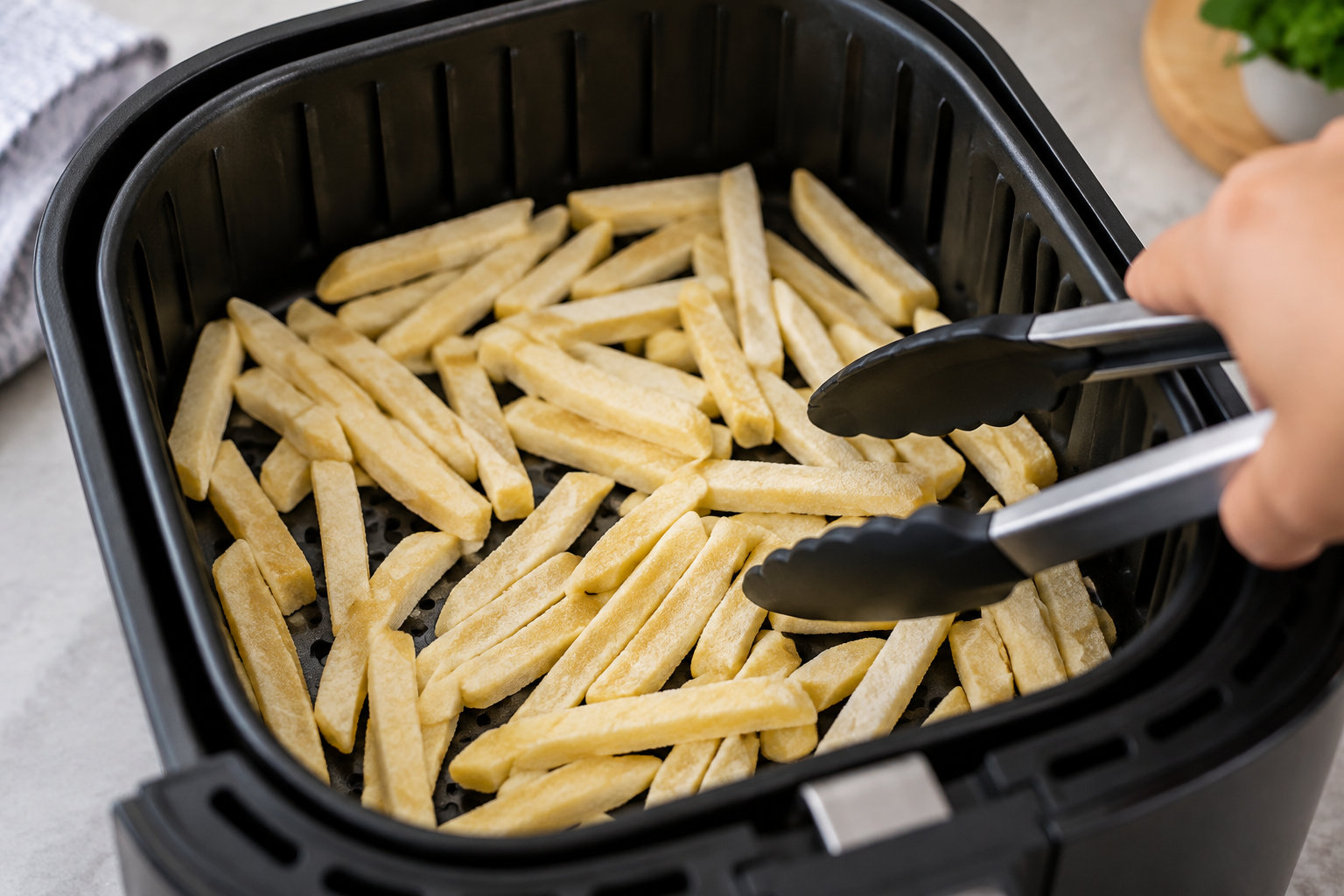 Une main utilise une pince pour remuer des frites dans le panier d’une friteuse à air chaud.