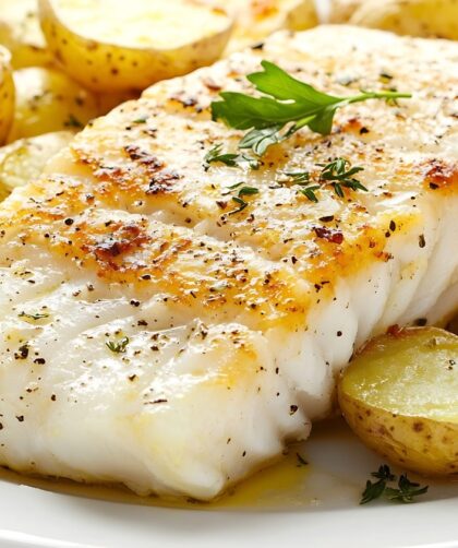 Plat de morue au four dorée accompagné de pommes de terre rôties