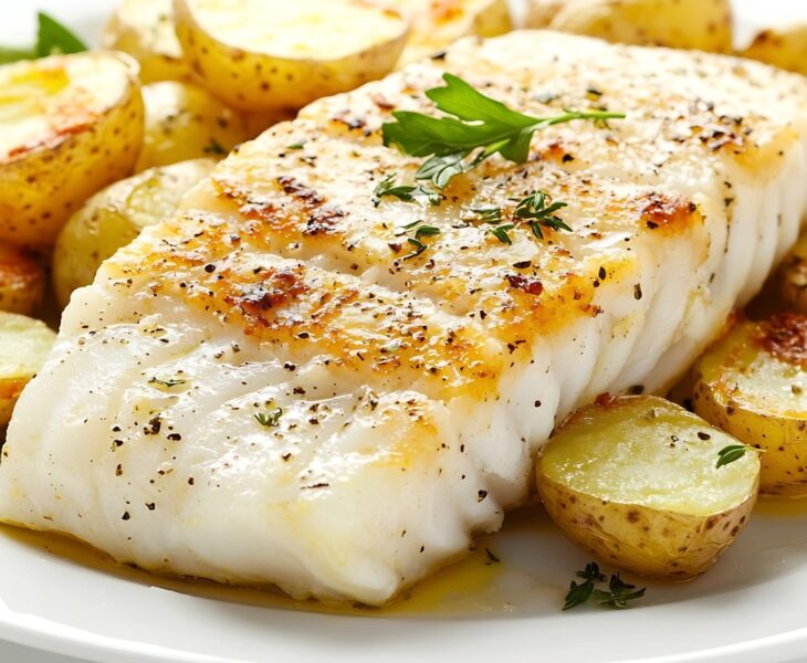 Plat de morue au four dorée accompagné de pommes de terre rôties
