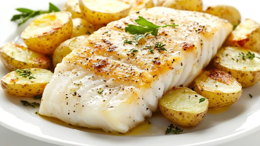 Plat de morue au four dorée accompagné de pommes de terre rôties