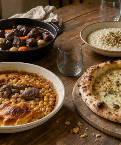 Table généreuse présentant un cassoulet, une pizza napolitaine, un bœuf bourguignon et un risotto sous une lumière naturelle chaleureuse.