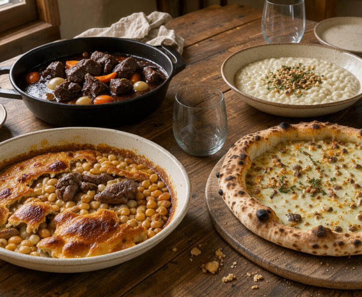 Table généreuse présentant un cassoulet, une pizza napolitaine, un bœuf bourguignon et un risotto sous une lumière naturelle chaleureuse.