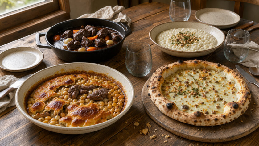 Table généreuse présentant un cassoulet, une pizza napolitaine, un bœuf bourguignon et un risotto sous une lumière naturelle chaleureuse.