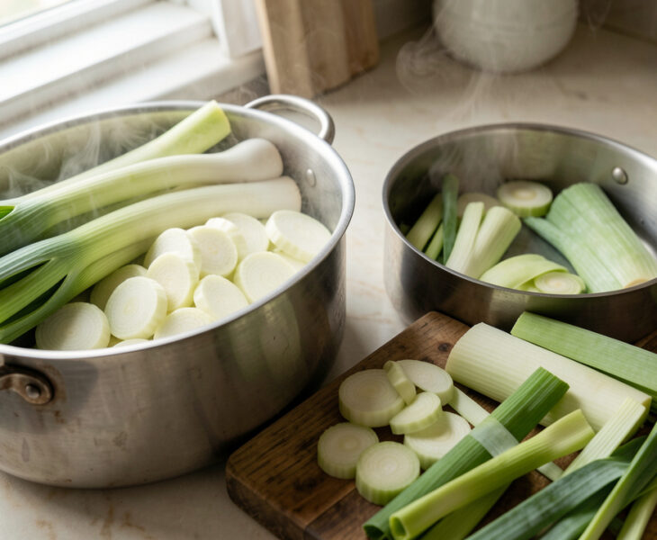 Poireaux présentés en différentes découpes, avec des rondelles, des lamelles et des tronçons prêts à cuire dans une cuisine lumineuse.