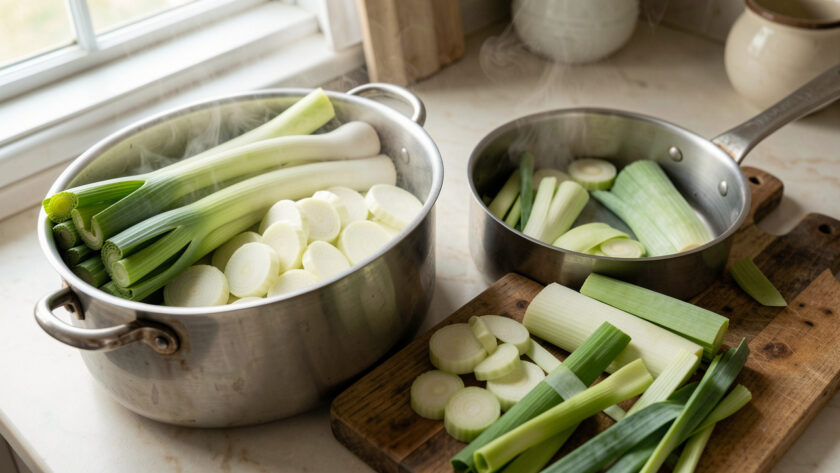Poireaux présentés en différentes découpes, avec des rondelles, des lamelles et des tronçons prêts à cuire dans une cuisine lumineuse.